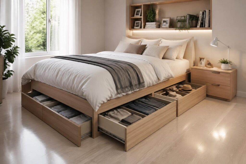 découvrez comment optimiser l'espace de votre chambre grâce à un lit astucieusement rangé, alliant fonctionnalité et gain de place pour un intérieur harmonieux et organisé.